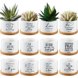 12 Pcs White Bible Verse Succulent Pots with Drainage 3.15 Inch Mini Ceramic Flower Planter Pot with Bamboo Tray Small Plant Pots Christian for Friends and Family, Plants Not Included