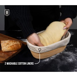 Kook Banneton Bread Proofing Baskets, Artisan Sourdough Bread Making Baskets, 9.8 Inch Handwoven Rattan Baskets and Cloth Liners, Set of 2, Oval