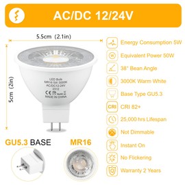 LUTW GU5.3 LED 12V Warm White, AC/DC 12V/24V MR16 LED 5W 3000K Replaces 50W Halogen Lamp, 470LM 38° Beam Angle LED Lamp, Non-Dimmable LED Spotlight, Pack of 6