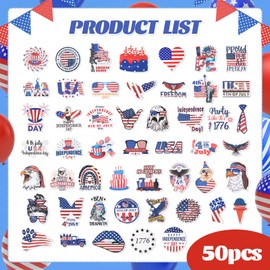 50 Pieces 4th of July Stickers,Self-Adhesive PVC Fourth of July Stickers for Home School Office,Assorted Pattern Patriotic Theme Decoration for Independence Day Memorial Day, Birthday Party Decor
