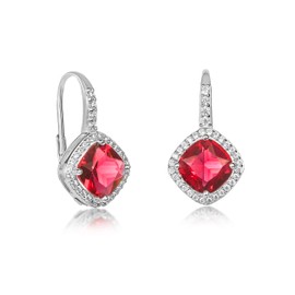 Diamond Treats 925 Sterling Silver Earrings for Women and Girls, Cushion Cut Drop Earrings for Women with Green, Blue or Red Cubic Zirconia Stones, Leverback Earrings Made of 925 Silver, Sterling