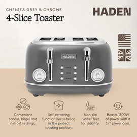 Haden Chelsea 4 Slice Wide Slot Toaster with Adjustable Browning Control, Grey & Chrome