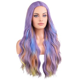 BERON Purple Mix Rainbow Wig Colorful Middle Part Wig Long Wavy Lavender Purple Wigs for Women Daily or Cosplay