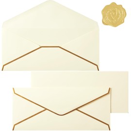 30 Pack Thick #10 Business Envelopes with Gold Border, 4 1/8 x 9 1/2 Thick Paper Standard Envelopes with Stickers for Office, Checks, Letter Mailing, Invoices (Cream Color)