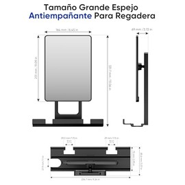 Espejo para Regadera Antiempañante Grande (23x16.4cm) con Bandeja de Almacenamiento, Espejo de Ducha Giratorio 360° para Afeitarse, Instalación Firme 