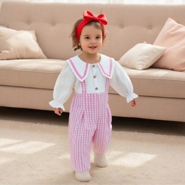 Newborn Baby Girl Fall Outfit Linen Button Long Sleeve Bubble Romper Plaid Overall Suspenders Pants Clothes Set (Pink, 6-12 Months)