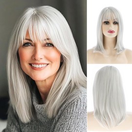 Dsimeig Long Silver Wigs for Women, Natural Straight Silver Wig with Bangs, Synthetic Hair Wig for Daily Party Use