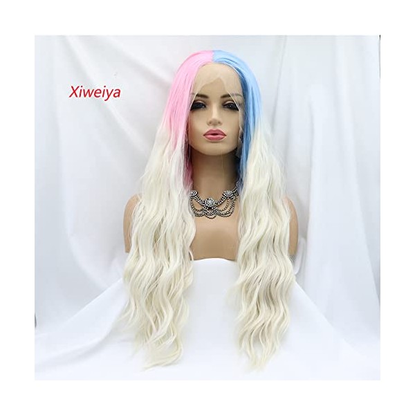 Xiweiya Blue Pink White Lace Front Wig Loose Wavy Half Blue Half Pink Synthetic Lace Wig with Blonde Tips Loose Heat Resistant Fiber Wig Hair for Women 24 Inch