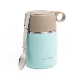 GRANDTIES Insulated Food Jar, 20 oz Wide Mouth Thermo BPA Free Stainless Steel Container for Hot Food with Carry Handle Bowl Cap & Foldable Spoon, Leakproof for Lunch To Go Meals (Powder Green)