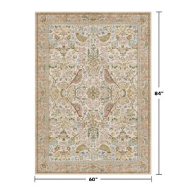 Hazo Haus Washable Area Rugs 5x7 for Living Room - Boho Cottagecore Earthy Rugs for Bedroom, Dinning Room, Office with Vintage Beige Taupe Botanical & Bird Pattern, Non Slip Stain Resistant Low Pile