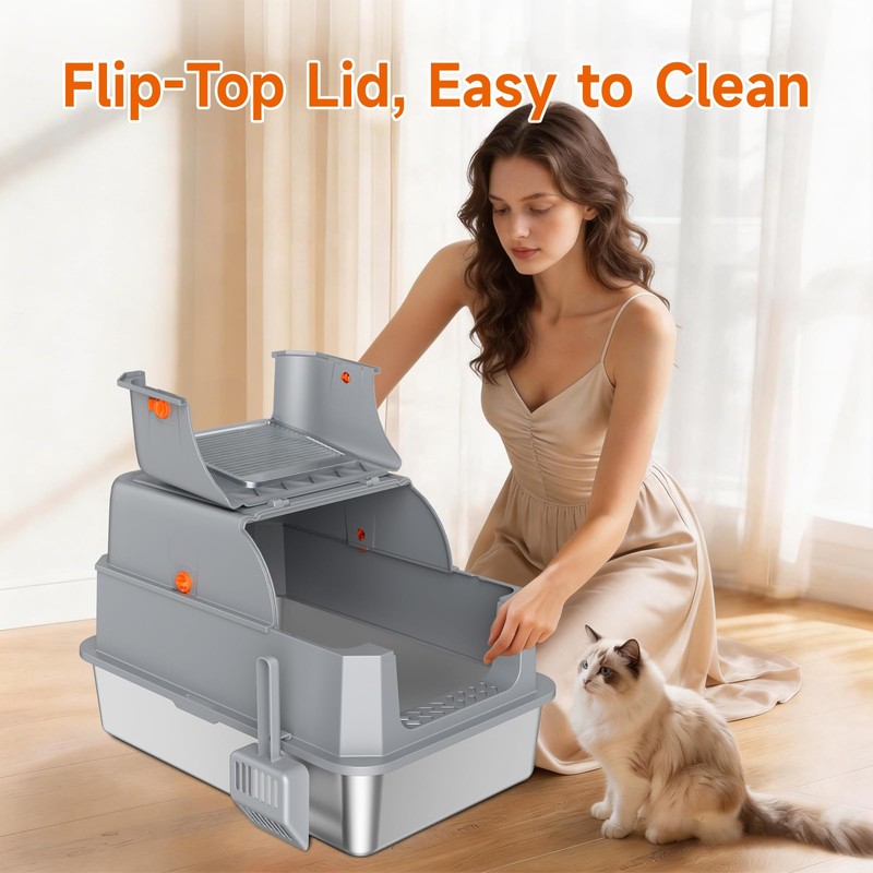 Stainless Steel Litter Box with Lid, High Sided Enclosed Metal
