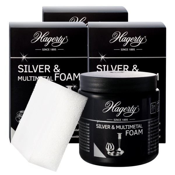 3x Hagerty Silver & Multimetal Foam Detergente Antiossidante in Crema per Oggetti in Argento Peltro e Acciaio Delicato e Lucidante con Spugna - 3 Barattoli da 185ml