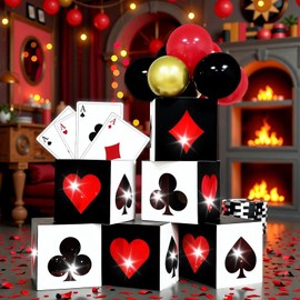 AerWo 105 Pcs Casino Theme Party Decorations 11inch Large Poker Boxes with Balloons & Jumbo Poker, Giant Poker Dice Boxes with String Lights for Las Vegas Game Night Party Backdrop Red Black Golden