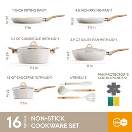 Pots and Pans Set Non Stick, 16PCS Nonstick Cookware Set, White Induction Kitchen Cookware Set with Frying Pans Set, Saucepans, Saute Pan, Extra Large Casserole