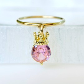Pink Crown Cubic Zirconia Charm Ring in 14K Gold Filled, Dangle CZ Charm, Textured Smooth or Thin Band, October Birthstone, Size 4 5 6 7 8, Jewelry Inspirations