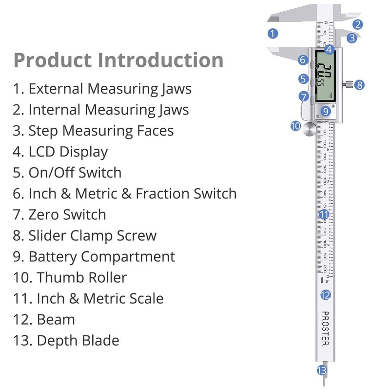 Proster Digital Caliper 8 Inch/200 mm + 32 Feeler Gauge