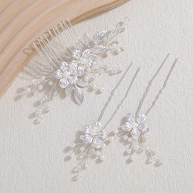 Famihot Hair Accessories, Pearl Comb, U Pins, 5-piece Set, Tree Leaves, Flower Motif, Headdress, Brides, Hair Ornaments, Hand-made, Wedding Headdress Yukata, Kimono, Hair Ornament, Flower, Wedding