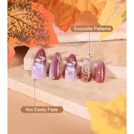 Kikmoya Press on Nails Medium Almond Purple Ombre Fake Nails with 3D Star and Moon Designs Reusable Acrylic Glossy False Nails Full Cover Artistry Stick on Nails for Women (Purple Ombre)