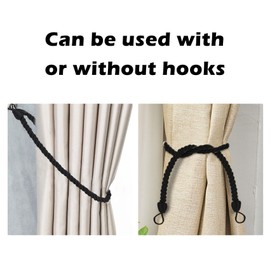 Outdoor Curtain Tiebacks Ropes, Curtain Ties for Drapes, Curtain Holdbacks with Hooks, Curtain Hooks for Drapes, Curtain Rope Tiebacks for Home Office Decor (Black)