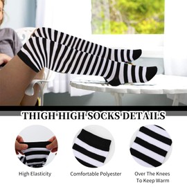 Mayoii Thigh High Socks Fingerless Gloves Set, Long Socks for Women Girls Arm Leg Warmer, Striped Knee High Stockings (Black and White Stripes)