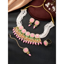Aheli Necklace Set Mint & Pink Crystal & Beads Studded with Drop Earrings Maangtikka & Ring Ethnic Fashion Jewellery Gift for Women