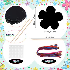 Hungdao 60 Pcs Flowers Scratch Cards Rainbow Summer Scratch Paper for Kids Rainbow Flower Crafts with Bamboo Stylus and Ribbon for Home Classroom School DIY (Flower)