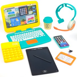 BLOONSY Pretend Play Home Office Set for Kids Ages 3-5-7 | Features Toy Laptop Computer, LCD Writing Tablet, Pop Fidget Calculator, Cell Phone, Headset & Toddlers Beverage Cup