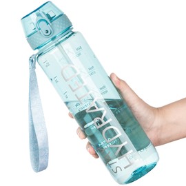 OLDLEY 1L Sports Water Bottle with Straw, Tritan 1 Litre Motivational Drink Bottle, BPA Free Leakproof Transparent Water Bottle with Time Marker for Cycling, School, Gym, Outdoor (Sky)