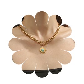 Allereya Vintage Turquoise Flower Pendant Necklace Sun Flower Choker Necklace Punk Curb Chain Necklace Gold T Bar Necklace Jewelry for Women and Girls