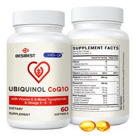 Besibest Ubiquinol CoQ10-600mg-Softgel, Active Coq10 Ubiquinol Supplement with Vitamin E & Omega 3, 6, 9, High Absorption-Coenzyme-Q10, Powerful Antioxidant for Energy Production, Tested, 60 Count