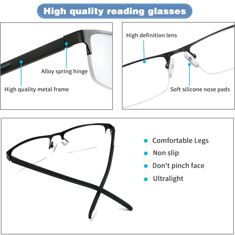 Anourney 3-Pack Reading Glasses for Men, Lightweight Metal Half Frame
