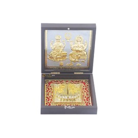 GoldGiftIdeas 24K Gold Plated Mahalakshmi Ganesha Photo Frame with Charan Paduka (Square), Return Gifts for Housewarming, Laxmi-Ganesh Wooden Momento Gift