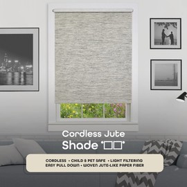 Cordless Privacy Jute Window Roller Shade - 46 Inch Width, 72 Inch Length - Heather - Light Filtering Woven Natural Fiber Horizontal Windows Blinds by Achim Home Decor