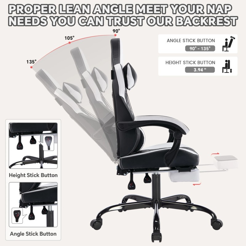 High Back Ergonomic Gaming Chair with Footrest Headrest Lumbar Support-PVC