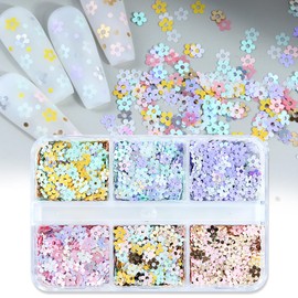 Flower Nail Art Glitter Sequins, 6 Grids Floral Sparkly Nail Glitter Flakes Designs, Shiny Flower Confetti Acrylic Supplies for Women Girls Manicure Charms Holiday Decorations, Resin Nail Art Tips