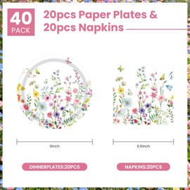 40 Pcs Wildflower Plates and Napkins Party Supplies, Floral Paper Plates Napkins Wildflower Baby Shower Decorations Tableware for Spring Summer Picnic Wedding Birthday Tea Party Serves 20