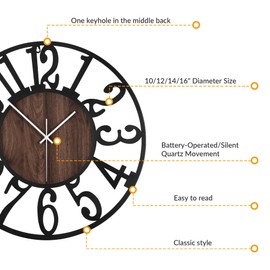 LEIKE 10in Arabic Numeral Wall Clock Battery Operated Black, Silent Non Ticking, Wall Clocks for Living Room Decor, Small Classic for School, Office, Home, Kitchen, Bedroom