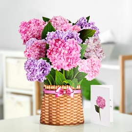 Podazz Paper Pop Up Cards, Creative 3D Flower Bouquet Greeting Card Holiday Wishes Paper Sculpture Hand Bouquet with Note Card and Kraft Envelope, Teacher's Day Mother's Day（12inch, Pink Hydrangea）