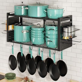 Freexployer 31 Inch Pot Rack Wall Mounted, 2-Tier Pots and Pans Organizer with 20 Hooks & Pan Organizer and Spice Rack, Heavy Duty Hanging Pot Hanger for Kitchen Cookware, Utensils, Black