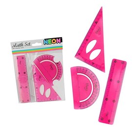Neon Maths Set Math Flexible Ruler Protractor Square 3 PC Bright Colours School (Neon Pink)
