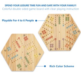 NRZSSN Original Marble Game Wahoo Board Game Double Sided Painted Wooden Fast Track Board Game for Family Friends and Party 6 and 4 Players 6 Colors 24 Marbles 6 Dice