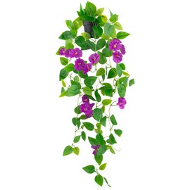 LOYWREE Artificial Plants Indoors in pots Faux Greenery Hanging Pothos Potted Fake Pothos with Petunia and Faux Ivy for Wall Shelf Home Office Garden(Purple)