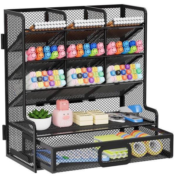 Marbrasse Larger Mesh Desk Organizer with Drawer, Multi-Functional Pen Pencil