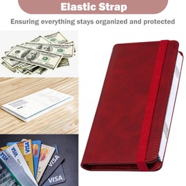HOTCOOL Checkbook Cover with Elastic Band - Premium Leather Clear PVC Divider Durable, Compact, and Multi-Functional Holder Wallet Case for Man and Woman, Cowboy Red