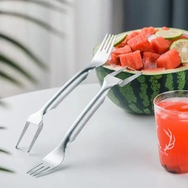 Jawzar 2-in-1 Watermelon Fork Slicer Cutter, New Summer Stainless Steel Watermelon Fruit Cutting Fork, Dual Head Watermelon Cutter Slicer Fruit Forks for Home Party Camping Kitchen Gadget (Pack of 2)
