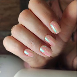 Glazed Pink Chrome Press on Nails Short Square,SXVME Fake Nails Aurora Nails Press ons,Acrylic Nails Glue on Nails Flash False Nails Mirror Effect Stick on Nails in 24PCS