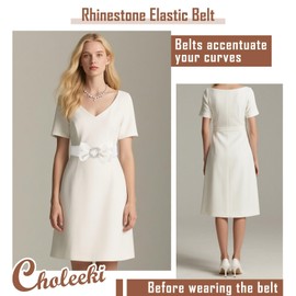 Choleeki Women's Circle Rhinestone Elastic Bow Belt Wide Stretch Belts Ladies Waist Accessories for Dress (White, S)
