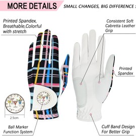 Golf Gloves Women 2 Pack Left Right Hand with Ball Markers Soft Leather Handed All Weather Grip Non Slip Breathable Glove for Ladies S M L XL (Black, Small,Worn on Left Hand)