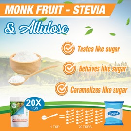 Monk Fruit–Stevia & Allulose All Purpose Sweetener – 20X Sugar Sweetness; Total Servings 2270; Zero Calorie Sweetener, Sugar-Free Substitute for Baking, Smoothies, Coffee; Low Carb Keto Diet Friendly | 1-LB