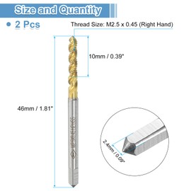 uxcell 2pcs Spiral Flute Thread Taps, M2.5 x 0.45 H2 Screw Threading Tap, Titanium Coated 6542 High Speed Steel Machine Tapping Tools for Machinist Repair